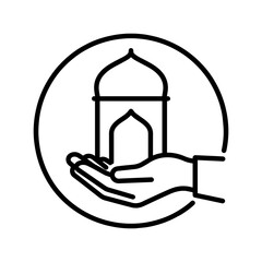 Hand holding mosque line art, Islamic charity and faith illustration