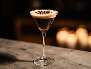 Elegant espresso martini with coffee bean garnish on bar