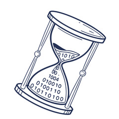 A line art illustration of a tilted hourglass showing the passage of time with digital binary code instead of sand, isolated on a white background