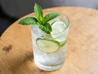 Refreshing gin and tonic with mint and lime on a wooden table