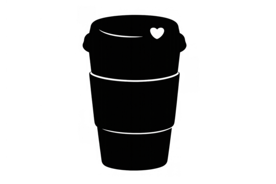 Coffee cup silhouette with heart cutout, expressing love for beverage, take-out drink icon, cafe graphic element
