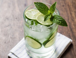 Refreshing lime and mint infused water with ice