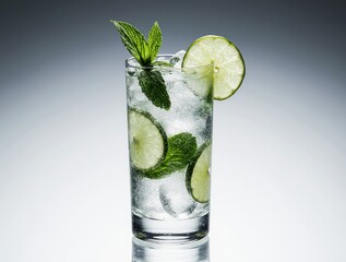 Refreshing tall glass of mojito cocktail with lime and mint