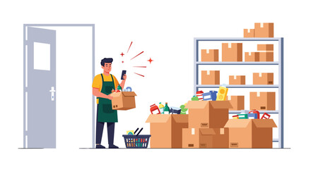 Warehouse worker uses smartphone to scan inventory boxes, optimizing logistics and supply chain management for efficient operations