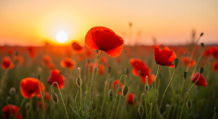 Fototapeta premium Vibrant red poppies field illuminated by sunset sunlight floral landscape