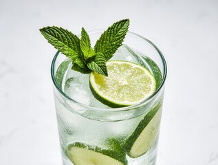 Fresh mojito with mint leaves and lime slices, served in a clear glass with ice.