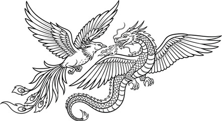 Fototapeta premium Dragon phoenix mythical creature fantasy art illustration drawing lineart