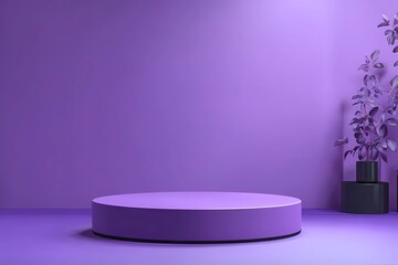 Modern purple studio setup with circular platform and decorative plant in a minimalist design