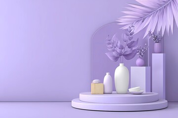 Stylish pastel display with vases and plants in a serene purple setting for home decor