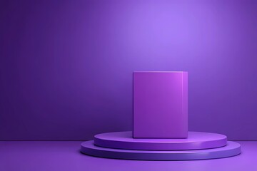 Display of a purple book on a circular podium against a solid purple background
