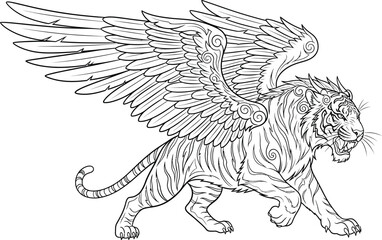 Obraz premium Winged tiger mythical creature fantasy art line art drawing tattoo design beast