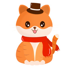 Naklejka premium Kitty Santa clipart.Happy smiling cat clipart.An orange brown kitten with hat and red scarf.Hand drawn kawaii Christmas Santa animal cartoon.