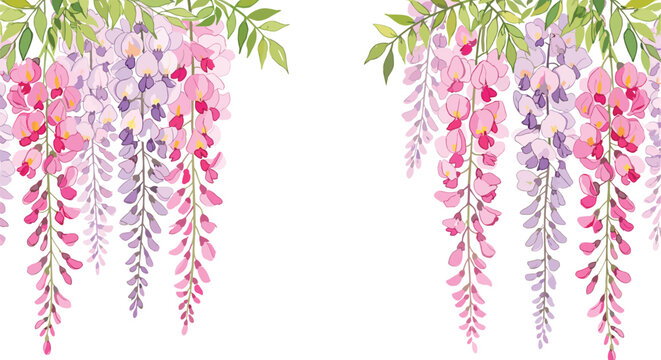 Vibrant cascading wisteria blooms in soft pinks and purples create a breathtaking floral border for elegant springtime designs