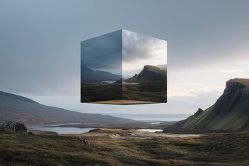 Futuristic Mirror Cube Floating Over Scenic Mountain Landscape
