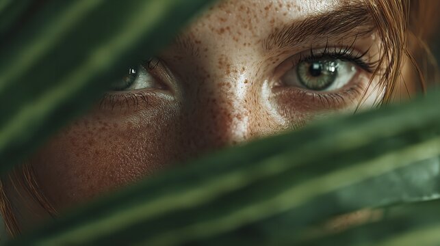 young woman looking through a hole in a wall