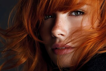 Portrait of a woman with vibrant red hair and striking freckles in soft lighting