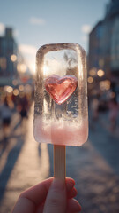 Romantic Heart Shaped Popsicle With Blurred Lights In Background
