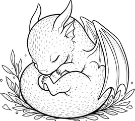 Sleeping dragon baby dragon fantasy mythical creature line art cute drawing