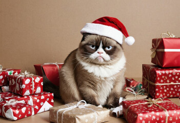 Grumpy cat in Santa hat sits surrounded by gifts in red wrapping