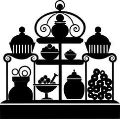  Candy shop display with jars and sweet wrappers silhouette vector icon , black and white , white background