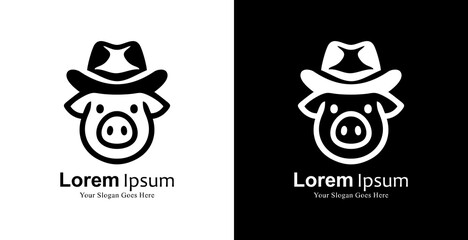 Logo design of a pig head wearing a cowboy hat with front view