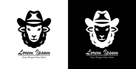 Logo design of a sheep head wearing a cowboy hat with front view