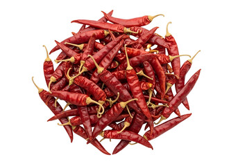 Fototapeta premium Vibrant dried red chili peppers pile, hot and spicy food ingredient for culinary dishes, isolated on a clean white background with a top view.