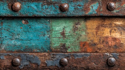 Close-up view of a weathered wooden surface displaying layers of bright paint colors. Rusty metal fasteners contrast with the vibrant hues, reflecting age and character.