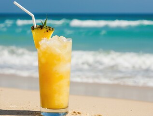 Refreshing pineapple drink on a tropical beach with ocean waves