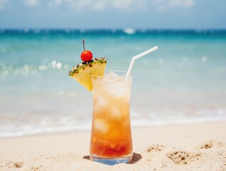Tropical cocktail on a sandy beach with ocean waves