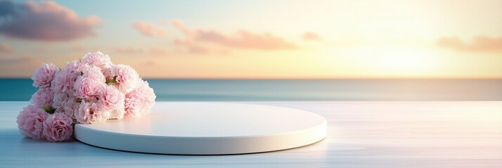 Pink Flowers on White Podium with Serene Sunset Ocean Background for Product Display