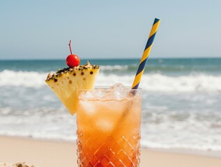 Refreshing tropical cocktail with pineapple and cherry on a beach