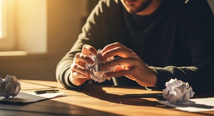 Frustrated writer crumples paper in frustration