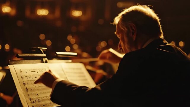 professional conductor leads symphony orchestra during live performance. closeup on maestro's hand and sheet music in warmly lit concert hall. art and culture concept for banner or website header.