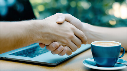 Close-up of handshake over table with coffee cups and laptop, concept of partnership, teamwork and agreement.