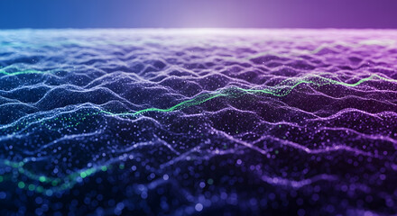 Abstract Digital Ocean Waves with Glowing Particles and Green Line