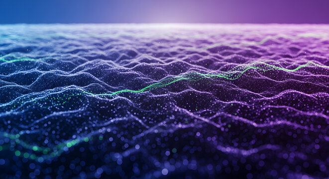 Abstract Digital Ocean Waves with Glowing Particles and Green Line
