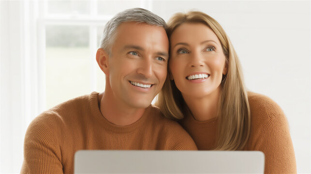 Smiling mature couple sitting together at home using laptop, concept of love, connection and digital lifestyle.