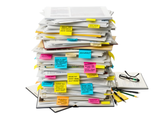 Tall stack of papers and sticky notes isolated on transparent background