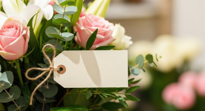 Closeup of a romantic bouquet with pink roses and lilies, featuring a blank gift tag tied with a bow, ideal for heartfelt messages