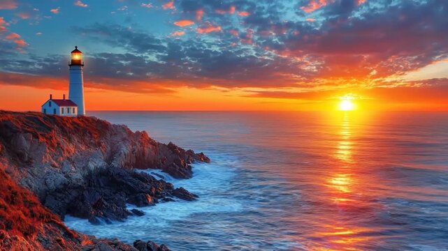 Dramatic coastal sunrise view with a lighthouse on a rocky cliff overlooking the ocean.