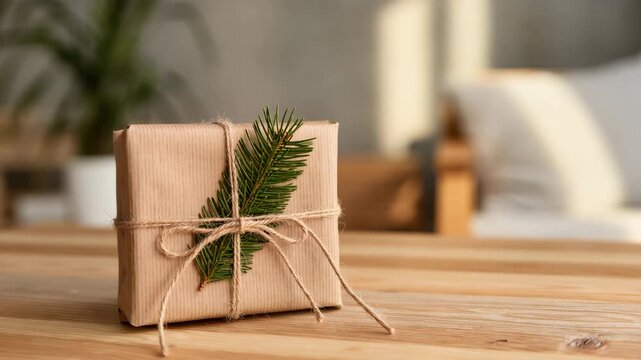Single Christmas present in eco-friendly wrapping with fir twig and twine, resting on wooden surface in warm home setting. Natural and minimalist festive style. Rustic decor.