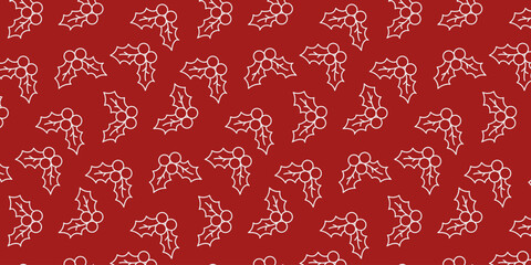 Seamless pattern of festive red background with white holly leaves and berries, ideal for Christmas and winter holiday designs