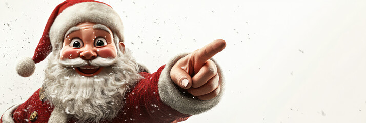 funny cheerful Santa Christmas character with surprise face pointing finger to the side, 3d illustration, playful holiday pose, isolated on white background with copy space