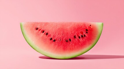 A vibrant watermelon slice displays its juicy red flesh and green rind against a soft pink backdrop. This colorful fruit is ideal for summer picnics and healthy snacks.