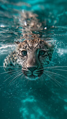 Leopard Swimming Toward Camera with Focused Gaze and Water Splashes

