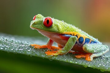 Fototapeta premium Colorful frog sits on a wet leaf in a tropical rainforest after the rain