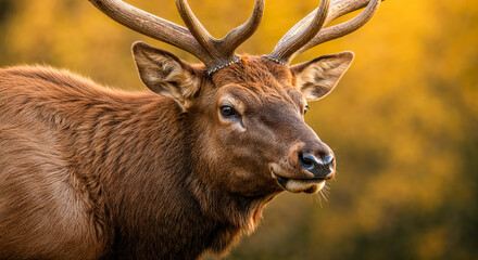 Close-up view of a male elk with antlers in a forest during autumn, showcasing its fur and features