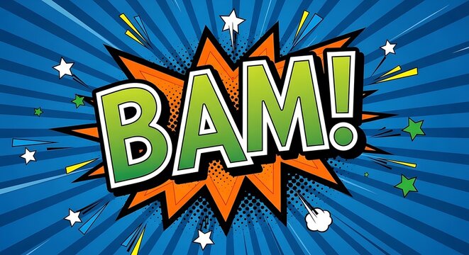 Bam comic book pop art explosion on blue background. - Powered by Adobe