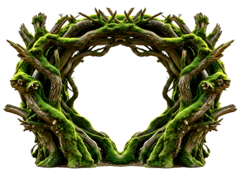 Enchanted forest archway made of twisted vines and moss isolated on transparent background